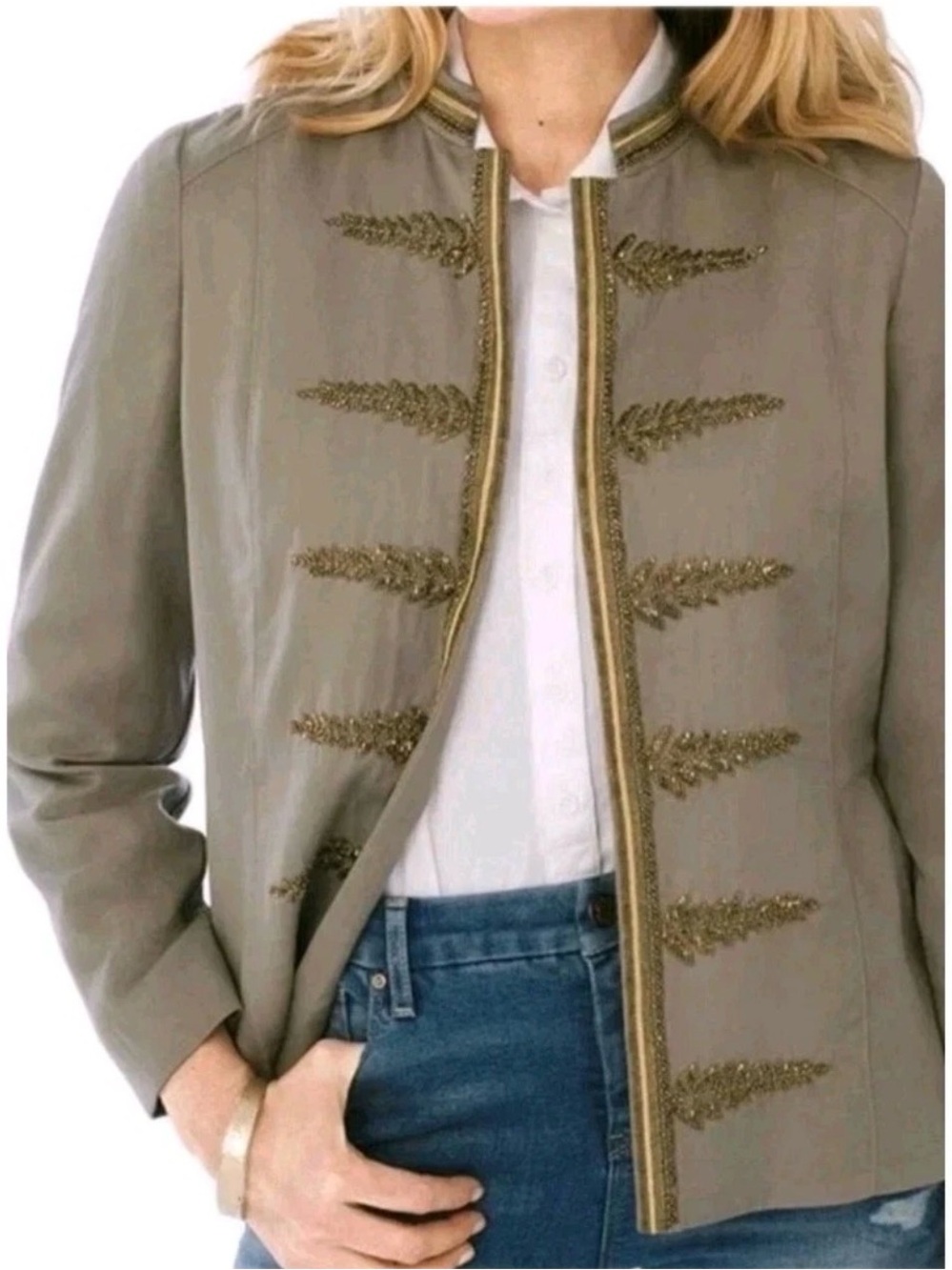 Chico's Taupe Military-Style Embroidered Jacket with Gold Trim XL